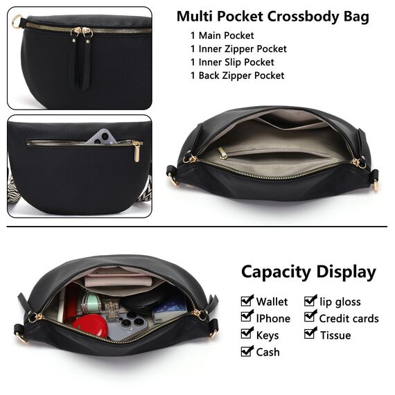 Vezluax 30x20cm umhängetasche Damen Bauchtasche Damen Groß Vegan Leder Crossbody Bag stylisch Frauen mit breitem Gurt Schwarz