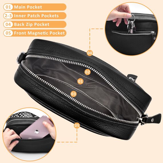 BROTOU Handy Umhängetasche Echtes Leder Crossbody Bag mit 2 Breitem Schultergurt Kartenhalter, Schwarz UmhäNgetasche Damen Leder UmhäNgetasche Damen, Kleine Umhängetasche Damen mit 3 Fächern (S)