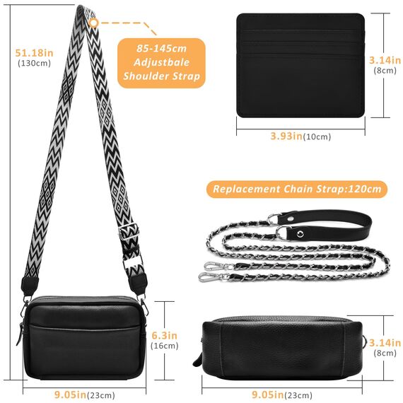 BROTOU Handy Umhängetasche Echtes Leder Crossbody Bag mit 2 Breitem Schultergurt Kartenhalter, Schwarz UmhäNgetasche Damen Leder UmhäNgetasche Damen, Kleine Umhängetasche Damen mit 3 Fächern (S)