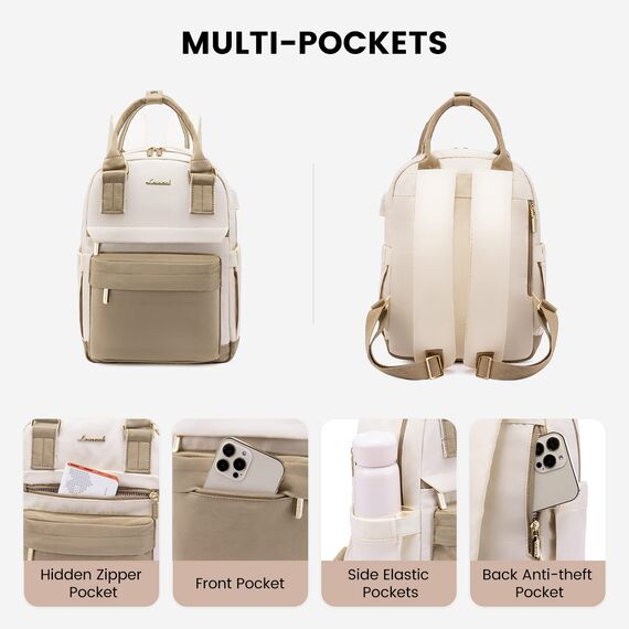 LOVEVOOK Rucksack Damen Klein, Wasserdicht Cityrucksack Handtasche 2 in 1 mit USB Ladeanschluss, Mini Tasche Daypack Backpack Women Elegant für Freizeit Schule Reisen Arbeit, Khaki Beige