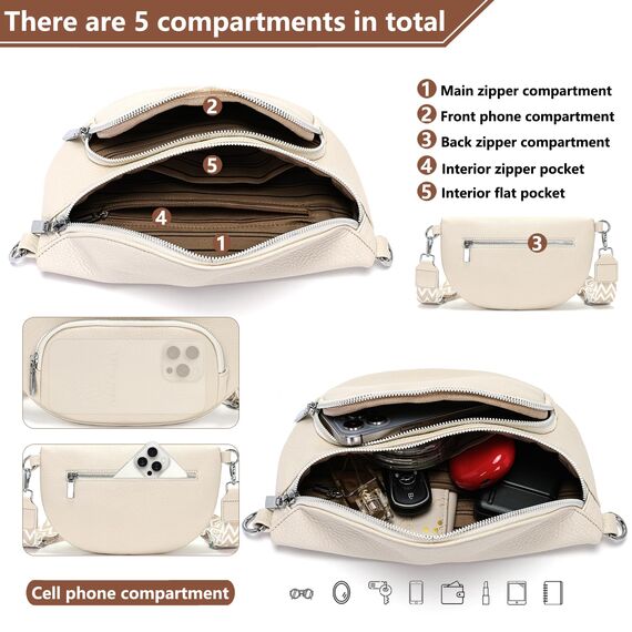 Rorimyth Bauchtasche Damen Beige Umhängetasche Damen Klein Veganes Leder Handtasche Crossbody Bag Gürteltasche Brusttasche Hüfttasche