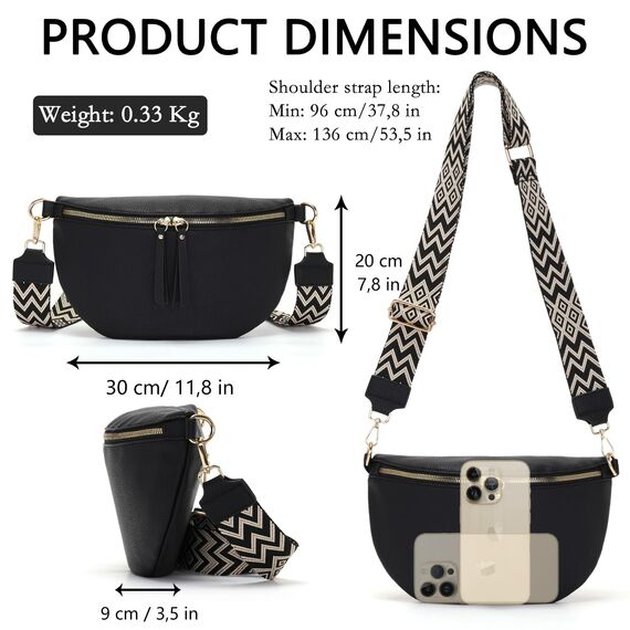 Vezluax 30x20cm umhängetasche Damen Bauchtasche Damen Groß Vegan Leder Crossbody Bag stylisch Frauen mit breitem Gurt Schwarz