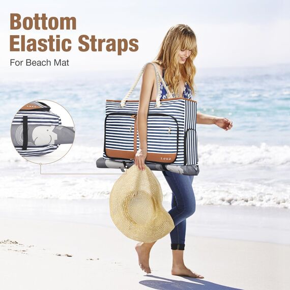Lekespring Strandtasche Damen Groß mit Reißverschluss, Vielseitiger Damen Shopper Badetasche Saunatasche Reisetasche Tote Bag für Strand Reisen Einkaufen Sport u.Arbeit (Gestreift)