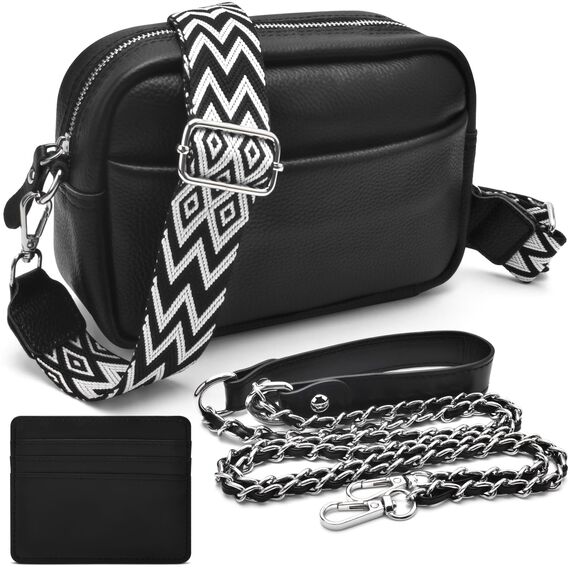 BROTOU Handy Umhängetasche Echtes Leder Crossbody Bag mit 2 Breitem Schultergurt Kartenhalter, Schwarz UmhäNgetasche Damen Leder UmhäNgetasche Damen, Kleine Umhängetasche Damen mit 3 Fächern (S)
