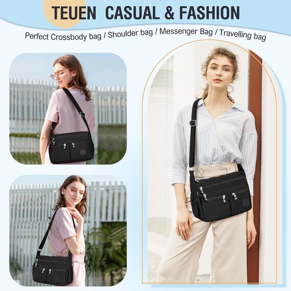 TEUEN Crossbody Bag Damen Große Kapazität Wasserdicht Nylon Umhängetasche Damen Mittelgroß, Casual Handtasche & Leichte Schultertasche Gross Messenger Bag mit Vielen Fächern