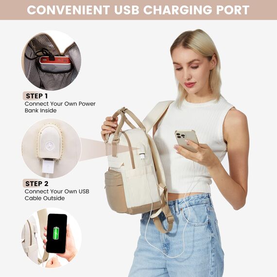 LOVEVOOK Rucksack Damen Klein, Wasserdicht Cityrucksack Handtasche 2 in 1 mit USB Ladeanschluss, Mini Tasche Daypack Backpack Women Elegant für Freizeit Schule Reisen Arbeit, Khaki Beige