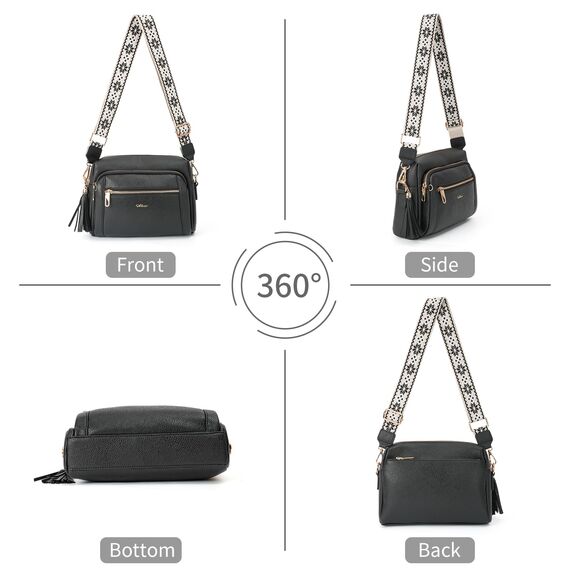 HILAEX Umhängetasche Damen mit Anti Diebstahl, Handtasche Damen Mittelgroß mit 4 Fächern, mit Verstellbar Abnehmbar Breiter Gurt Schwarz