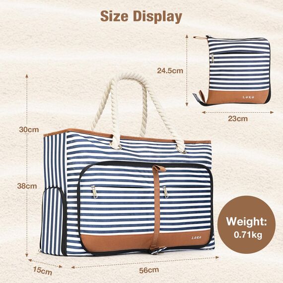 Lekespring Strandtasche Damen Groß mit Reißverschluss, Vielseitiger Damen Shopper Badetasche Saunatasche Reisetasche Tote Bag für Strand Reisen Einkaufen Sport u.Arbeit (Gestreift)