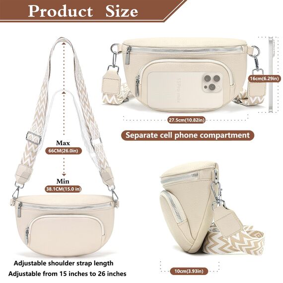 Rorimyth Bauchtasche Damen Beige Umhängetasche Damen Klein Veganes Leder Handtasche Crossbody Bag Gürteltasche Brusttasche Hüfttasche