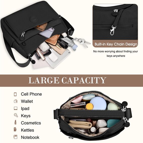 VOBUKE Umhängetasche Damen Mittelgroß Wasserdicht Nylon Crossbody Bag mit Vielen Fächern Leichte Schultertasche Verstellbarer Breitem Freizeit Kleine Messenger Bag für Einkaufen, Reisen