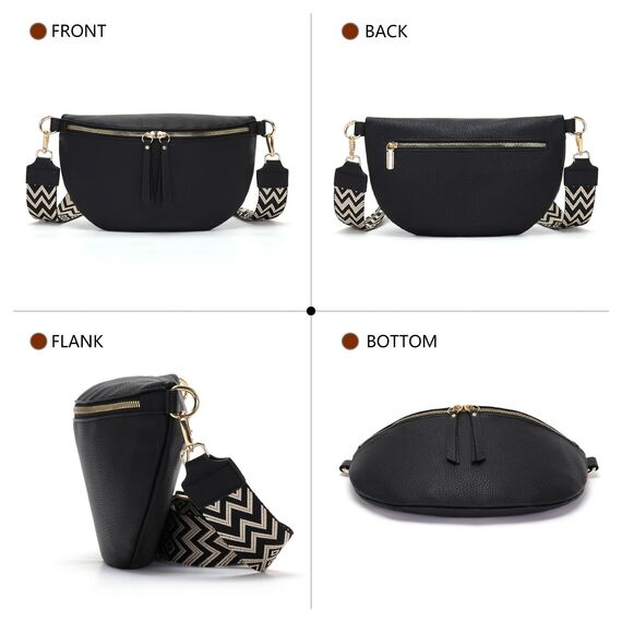 Vezluax 30x20cm umhängetasche Damen Bauchtasche Damen Groß Vegan Leder Crossbody Bag stylisch Frauen mit breitem Gurt Schwarz