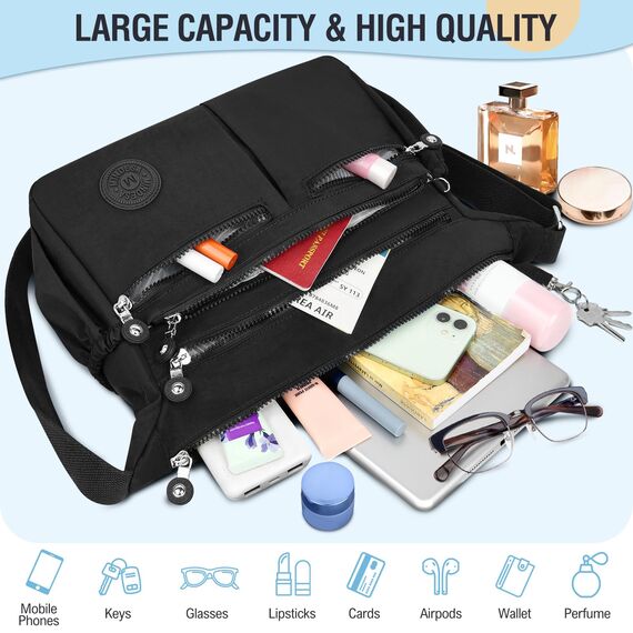 TEUEN Crossbody Bag Damen Große Kapazität Wasserdicht Nylon Umhängetasche Damen Mittelgroß, Casual Handtasche & Leichte Schultertasche Gross Messenger Bag mit Vielen Fächern