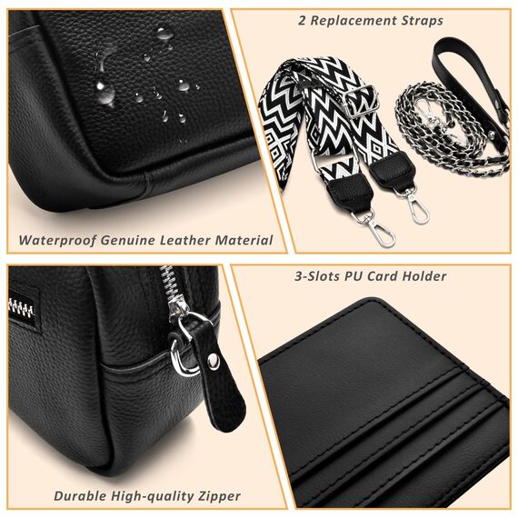 BROTOU Handy Umhängetasche Echtes Leder Crossbody Bag mit 2 Breitem Schultergurt Kartenhalter, Schwarz UmhäNgetasche Damen Leder UmhäNgetasche Damen, Kleine Umhängetasche Damen mit 3 Fächern (S)