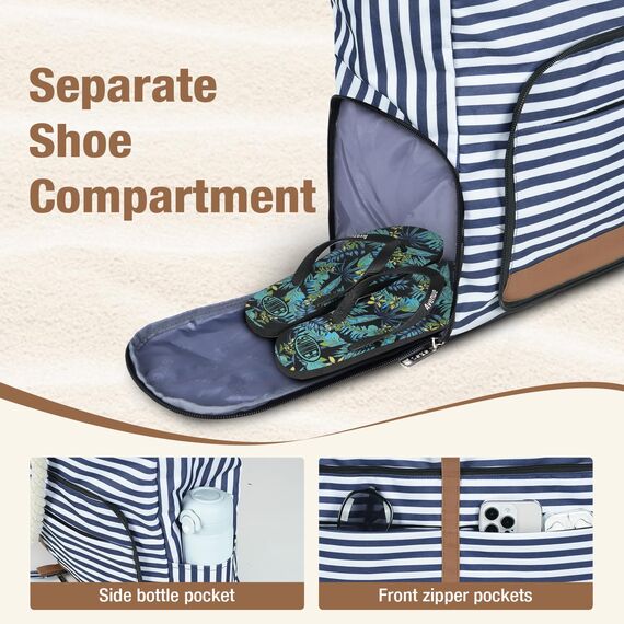 Lekespring Strandtasche Damen Groß mit Reißverschluss, Vielseitiger Damen Shopper Badetasche Saunatasche Reisetasche Tote Bag für Strand Reisen Einkaufen Sport u.Arbeit (Gestreift)