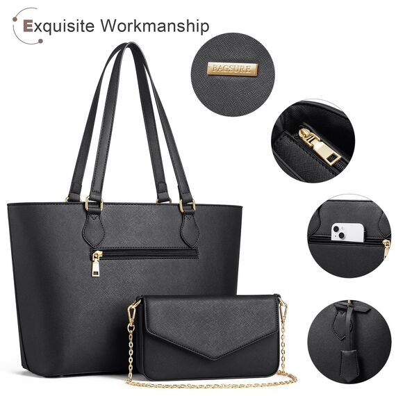 Bagsure Handtasche Damen Schultertasche Handtaschen Tragetasche Damen 4-teiliges Set für Büro Schule Einkauf Reise Geschenk (Schwarze)