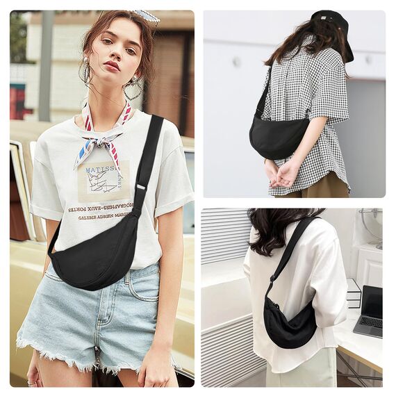 GoPaw Damen Halbmond Crossbody Schultertasche, Hobo Halfmoon Bag, Nylon Crossbody Bag Damen Halbmond Schultertasche mit verstellbarer Schultergurt, Einfarbige(Schwarz)