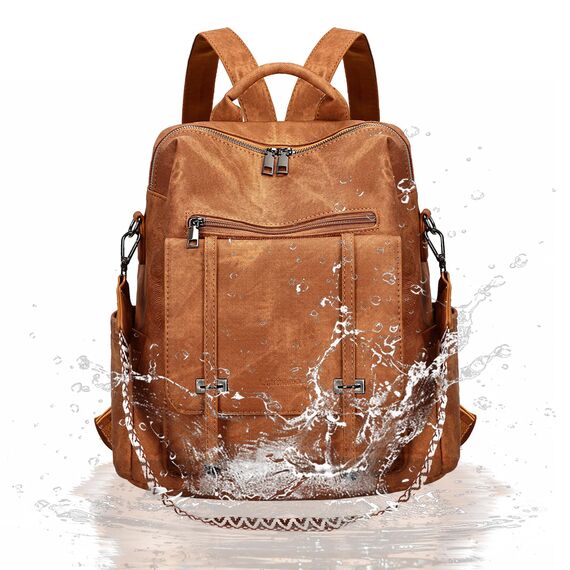 Leathario Rucksakck Damen Wasserdicht,Veganes Leder Cityrucksack,Rucksackhandtasche Mittelgroß, Diebstahlsich Tagesrucksack für Büro,Pendeln,Arbeit,Leicht Elegant Backpack Women Groß für Reise,Braun