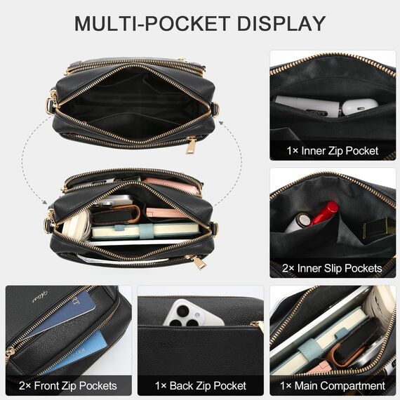 HILAEX Umhängetasche Damen mit Anti Diebstahl, Handtasche Damen Mittelgroß mit 4 Fächern, mit Verstellbar Abnehmbar Breiter Gurt Schwarz