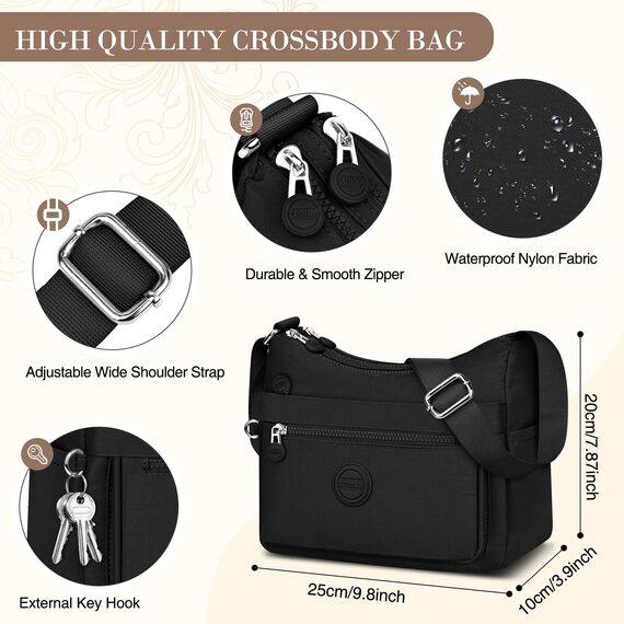 VOBUKE Umhängetasche Damen Mittelgroß Wasserdicht Nylon Crossbody Bag mit Vielen Fächern Leichte Schultertasche Verstellbarer Breitem Freizeit Kleine Messenger Bag für Einkaufen, Reisen