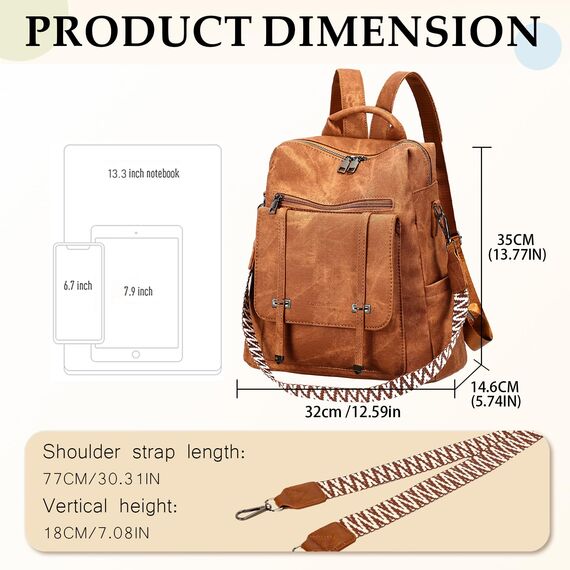 Leathario Rucksakck Damen Wasserdicht,Veganes Leder Cityrucksack,Rucksackhandtasche Mittelgroß, Diebstahlsich Tagesrucksack für Büro,Pendeln,Arbeit,Leicht Elegant Backpack Women Groß für Reise,Braun