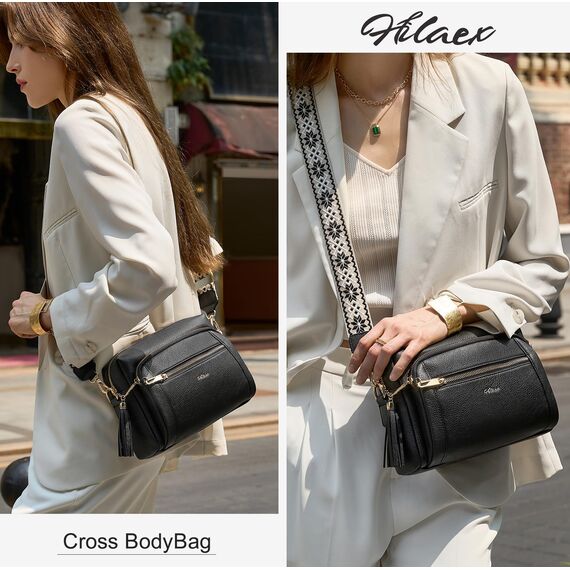HILAEX Umhängetasche Damen mit Anti Diebstahl, Handtasche Damen Mittelgroß mit 4 Fächern, mit Verstellbar Abnehmbar Breiter Gurt Schwarz