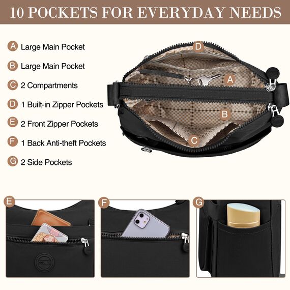 VOBUKE Umhängetasche Damen Mittelgroß Wasserdicht Nylon Crossbody Bag mit Vielen Fächern Leichte Schultertasche Verstellbarer Breitem Freizeit Kleine Messenger Bag für Einkaufen, Reisen