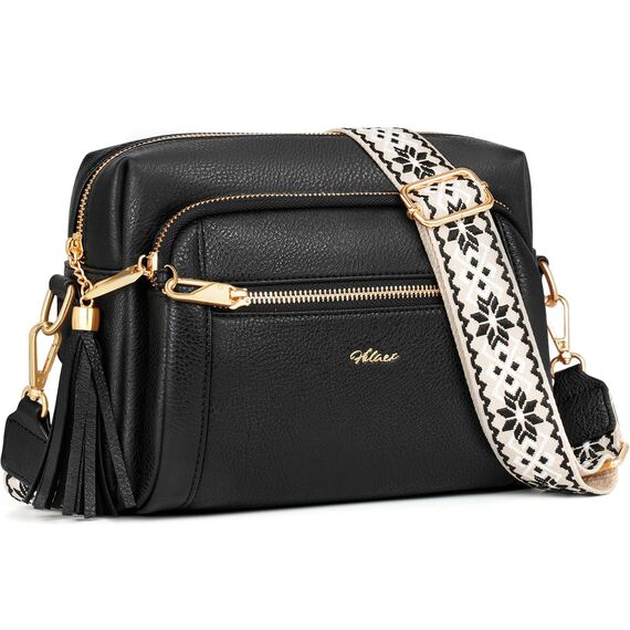 HILAEX Umhängetasche Damen mit Anti Diebstahl, Handtasche Damen Mittelgroß mit 4 Fächern, mit Verstellbar Abnehmbar Breiter Gurt Schwarz