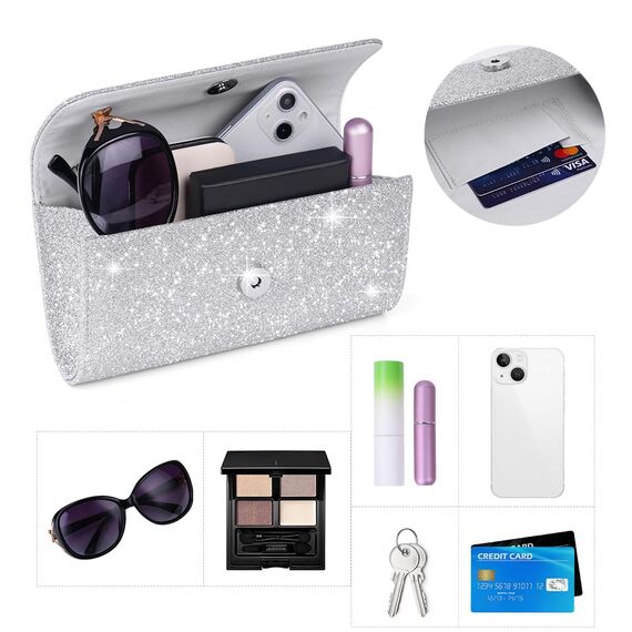 OSDUE Kettentasche, Clutch Damen, Glitzer Abendtasche, Elegante Envelope Tasche Kettentasche Schultertaschen für Hochzeit Party Freizeit Date(Silber)