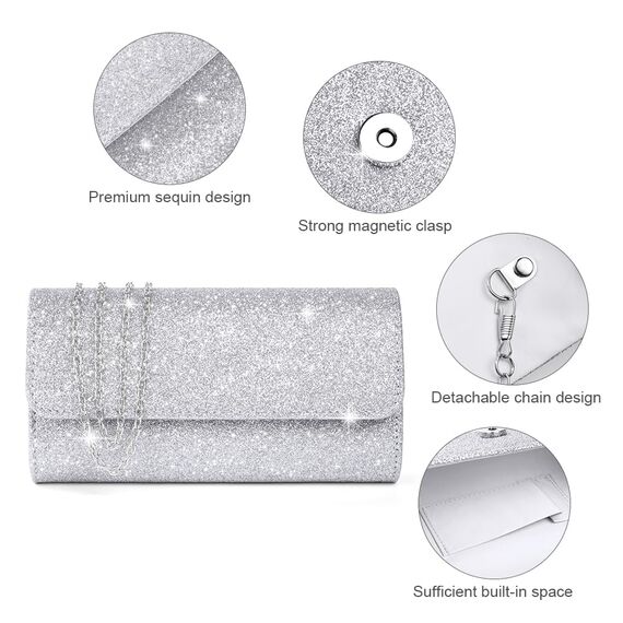 OSDUE Kettentasche, Clutch Damen, Glitzer Abendtasche, Elegante Envelope Tasche Kettentasche Schultertaschen für Hochzeit Party Freizeit Date(Silber)