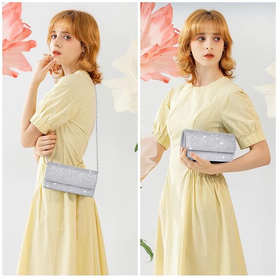 OSDUE Kettentasche, Clutch Damen, Glitzer Abendtasche, Elegante Envelope Tasche Kettentasche Schultertaschen für Hochzeit Party Freizeit Date(Silber)