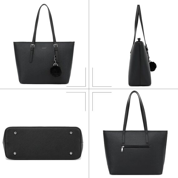 Handtasche Damen Set Schwarz Tasche Mit Geldbörse für Büro Schule Einkauf Handtasche Damen Groß Mit Quasten Damen und Pelz Kugel Plüsch Schlüsselring