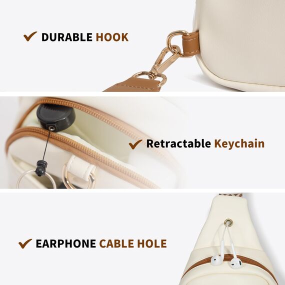 OSOCE Crossbody Damen Klein Brusttasche PU Leder Sling Bag Diebstahlsicher Crossbag Damen Schulterrucksack Vielseitige Umhängetasche für Reisen und mehr in Braun Weiß und Schwarz