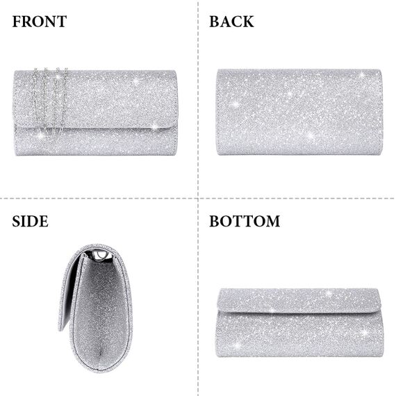 OSDUE Kettentasche, Clutch Damen, Glitzer Abendtasche, Elegante Envelope Tasche Kettentasche Schultertaschen für Hochzeit Party Freizeit Date(Silber)