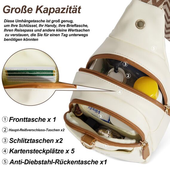OSOCE Crossbody Damen Klein Brusttasche PU Leder Sling Bag Diebstahlsicher Crossbag Damen Schulterrucksack Vielseitige Umhängetasche für Reisen und mehr in Braun Weiß und Schwarz
