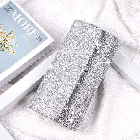 OSDUE Kettentasche, Clutch Damen, Glitzer Abendtasche, Elegante Envelope Tasche Kettentasche Schultertaschen für Hochzeit Party Freizeit Date(Silber)