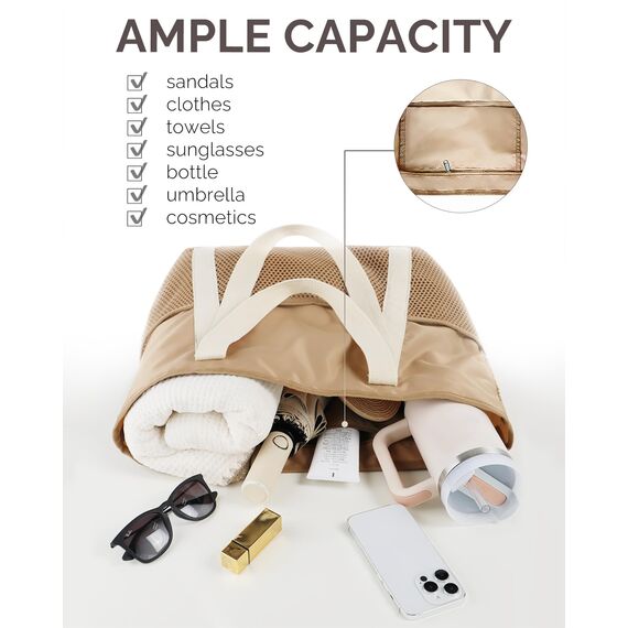 HOMESPON Strandtasche Damen mit Reißverschluss Große Wasserdicht Mesh Badetasche Familie Faltbar Beach Tote Bag Shopper