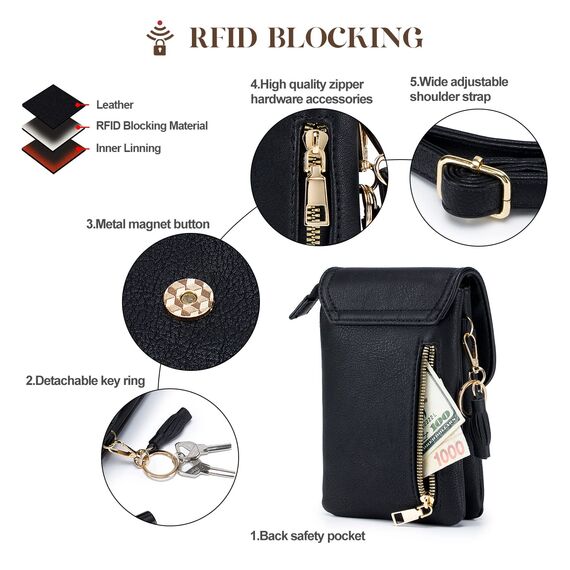 Roulens kleine Handy Umhängetasche Damen, Handytasche mit Geldbörse zum Umhängen, PU Leder Tasche damen für Frauen Designer, verstellbarer Riemen und Schlüsselanhänger