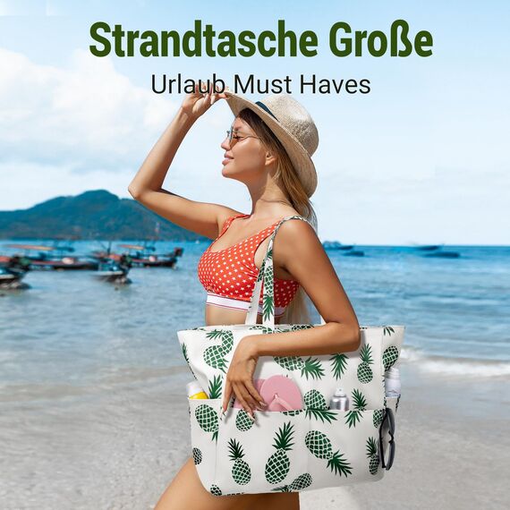 Strandtasche XXL Familie Große Badetasche Damen Beach Bag mit Reißverschluss Shopper, Leicht Faltbare Grosse Schwimmbadtasche, Urlaub Must Have Einkaufstaschen für Reisen Einkaufen Picknick Alltag