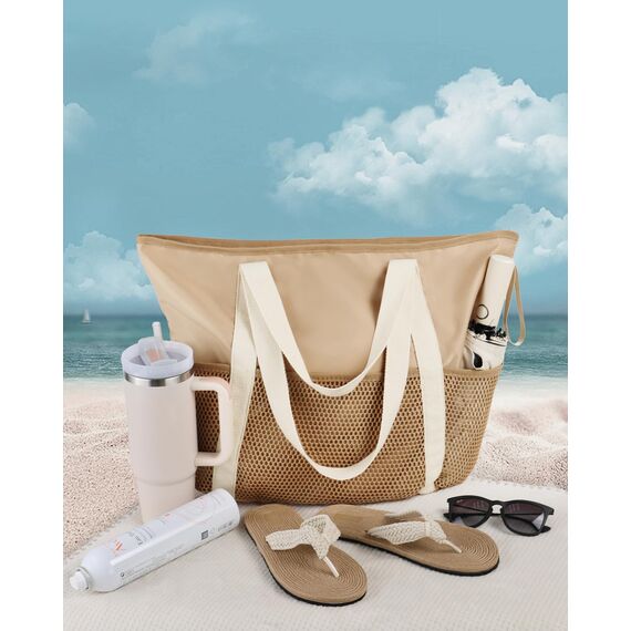 HOMESPON Strandtasche Damen mit Reißverschluss Große Wasserdicht Mesh Badetasche Familie Faltbar Beach Tote Bag Shopper