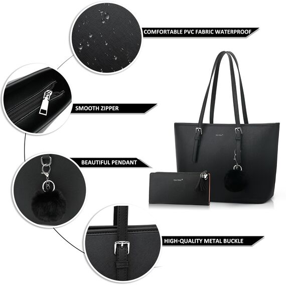 Handtasche Damen Set Schwarz Tasche Mit Geldbörse für Büro Schule Einkauf Handtasche Damen Groß Mit Quasten Damen und Pelz Kugel Plüsch Schlüsselring