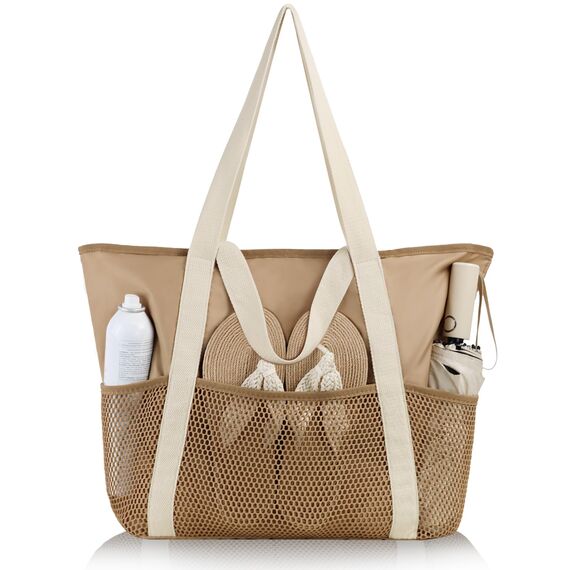 HOMESPON Strandtasche Damen mit Reißverschluss Große Wasserdicht Mesh Badetasche Familie Faltbar Beach Tote Bag Shopper