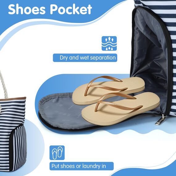 Lekespring Strandtasche Damen Groß mit Reißverschluss, Badetasche XXL Familie Saunatasche Reisetasche Beach Tote Bag für Strand Reisen Einkaufen u.Sport (Blau Gestreift)