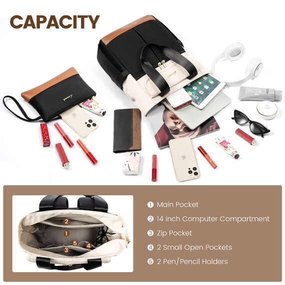 LOVEVOOK Rucksack Damen Klein, 13,3 Zoll Kleiner Rucksäcke Damen Cityrucksack Mini Rucksacktasche Elegant Handtasche Schultertasche, Wasserdicht Laptop Tagesrucksack, Beige Schwarz Braun