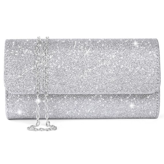 OSDUE Kettentasche, Clutch Damen, Glitzer Abendtasche, Elegante Envelope Tasche Kettentasche Schultertaschen für Hochzeit Party Freizeit Date(Silber)