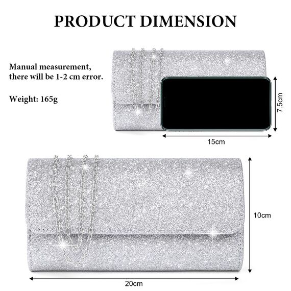 OSDUE Kettentasche, Clutch Damen, Glitzer Abendtasche, Elegante Envelope Tasche Kettentasche Schultertaschen für Hochzeit Party Freizeit Date(Silber)