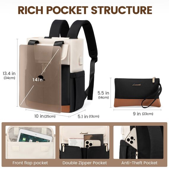 LOVEVOOK Rucksack Damen Klein, 13,3 Zoll Kleiner Rucksäcke Damen Cityrucksack Mini Rucksacktasche Elegant Handtasche Schultertasche, Wasserdicht Laptop Tagesrucksack, Beige Schwarz Braun