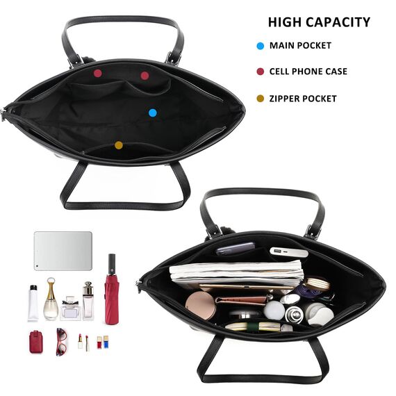 Handtasche Damen Set Schwarz Tasche Mit Geldbörse für Büro Schule Einkauf Handtasche Damen Groß Mit Quasten Damen und Pelz Kugel Plüsch Schlüsselring