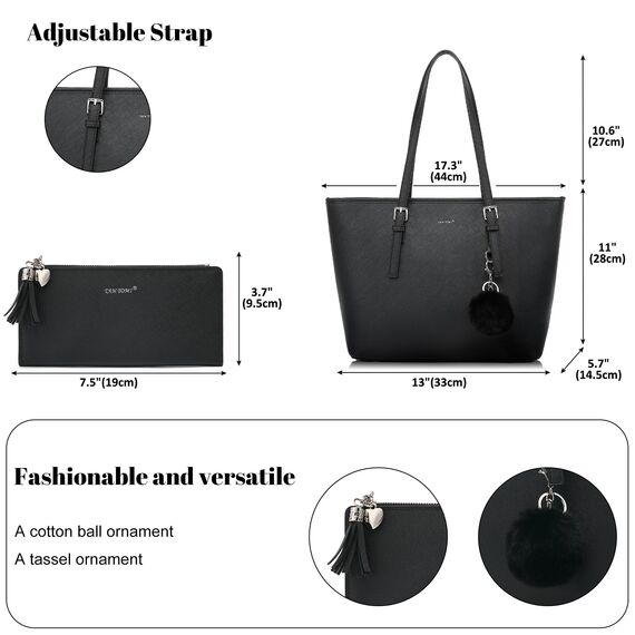 Handtasche Damen Set Schwarz Tasche Mit Geldbörse für Büro Schule Einkauf Handtasche Damen Groß Mit Quasten Damen und Pelz Kugel Plüsch Schlüsselring