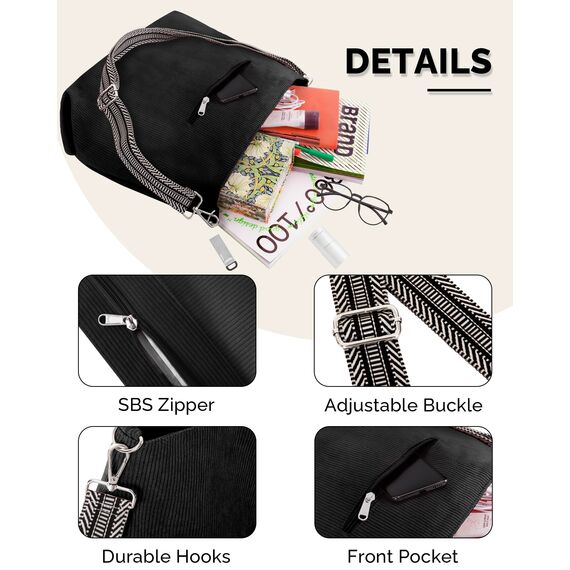 Prite Shopper Tasche Damen Groß Cord Tasche Tote Bag mit Verstellbarem Schultergurt für College Schule Arbeit Reisen Einkaufen（Schwarz 01）