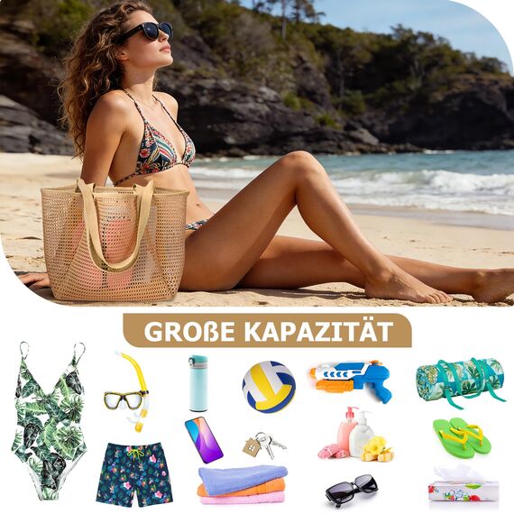 benpen Große Strandtasche Damen Xl Familie,Beach Bags For Women,Netztasche Strand Mit Reißverschluss Innentasche,Faltbare Leichte Mesh Strandtasche Korb,Badetasche Klein,Shopper für Frauen